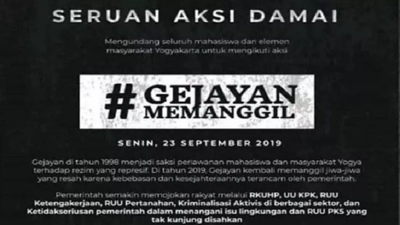 Gejayan Memanggil, Mahasiswa Juga Masyarakat Yogyakarta Turun ke Jalan