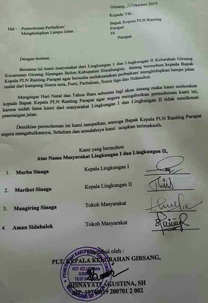 Puluhan Tahun Lampu Jalan Mati,  Tokoh Masyarakat Girsang Surati PLN Parapat