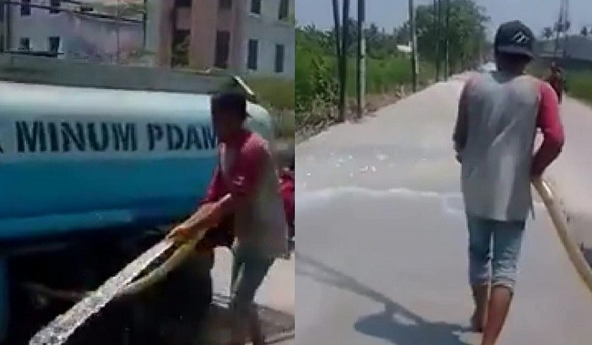Kacab Babelan Marah Jalan Raya Disiram Pakai Air PDAM