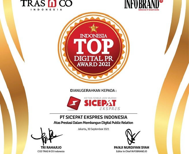 Perusahaan Ekspedisi SiCepat Ekpress Sabet Penghargaan Top Digital PR 2021