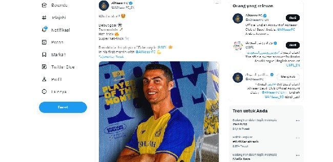 Cristiano Ronaldo Dinobatkan Sebagai Pemain Terbaik Bulan Februari di Arab Saudi 