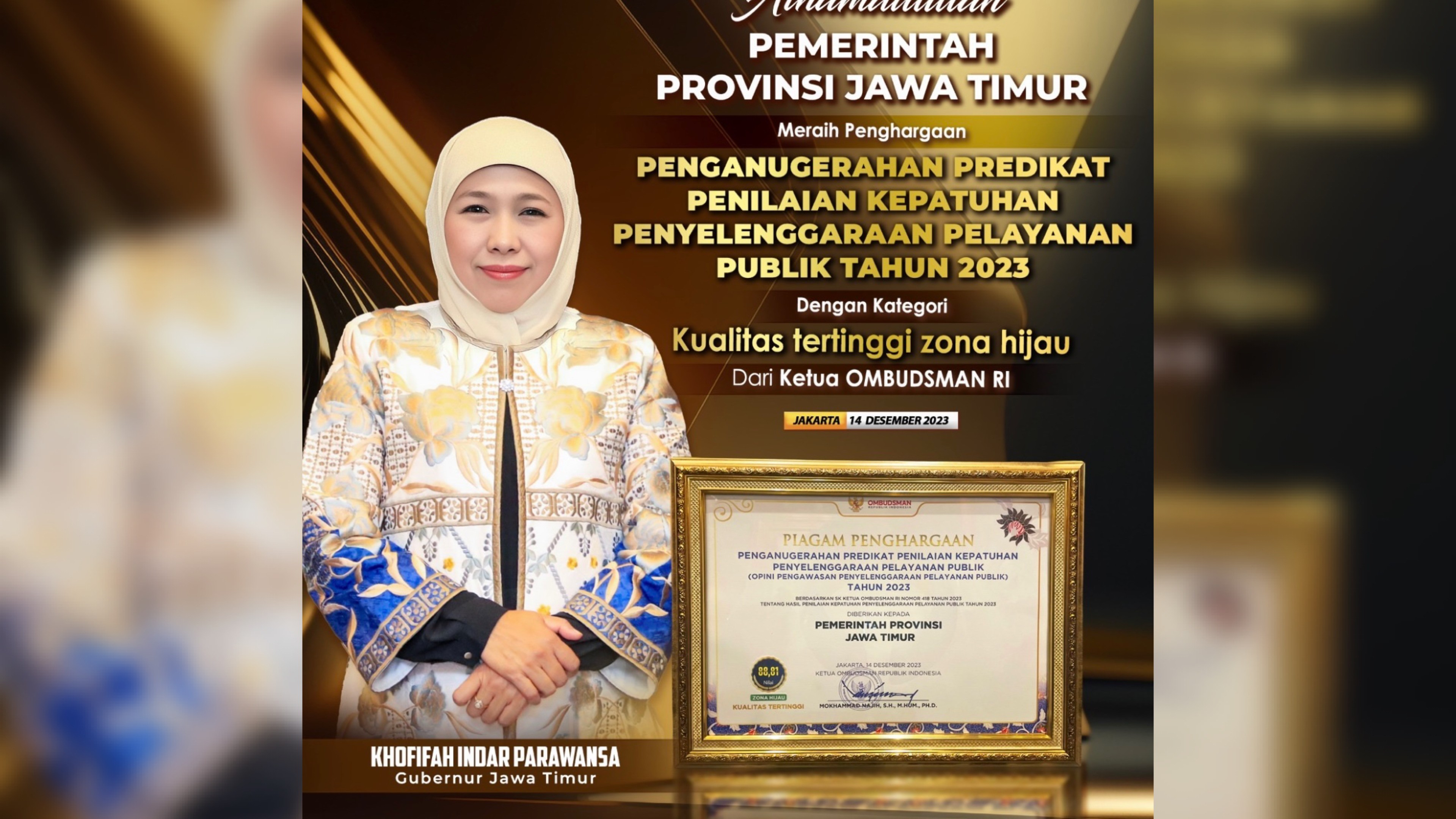 Pemprov Jatim Raih Penghargaan Ombudsman RI, Khofifah: Hasil Yanblik Jatim Kualitas Tertinggi