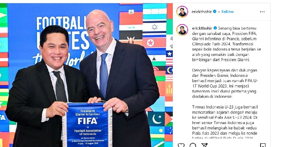 Jelang Olimpiade Paris 2024, Erick Thohir Silaturahmi dengan Presiden FIFA 