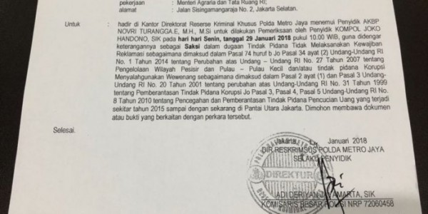 Beredar Surat Pemeriksaan Sofyan Djalil Terkait Reklamasi