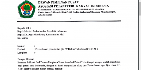 Surati Menperin, APTRI Desak Izin Usaha PT KTM Dicabut