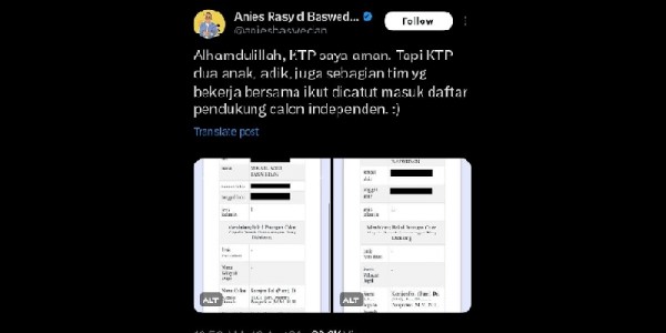 NIK KTP Warga Jakarta Termasuk Kedua Anak Anies Diduga Dicatut Calon Independen Dharma-Kun 