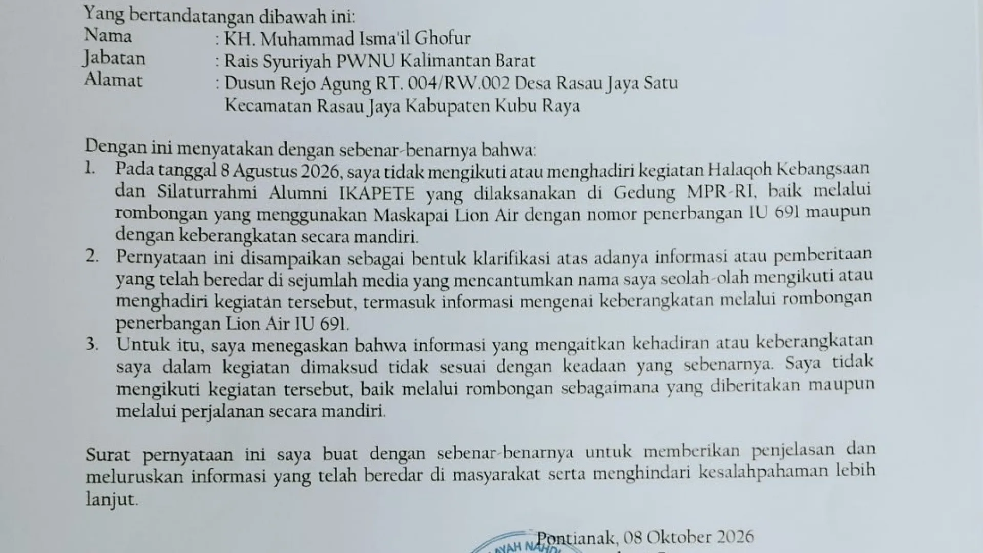 Tanggapi PCNU Sekadau, Klarifikasi KH Ismail Ghofur: Demi Marwah NU, Kami Tak Hadir di Agenda Pengondisian Muktamar